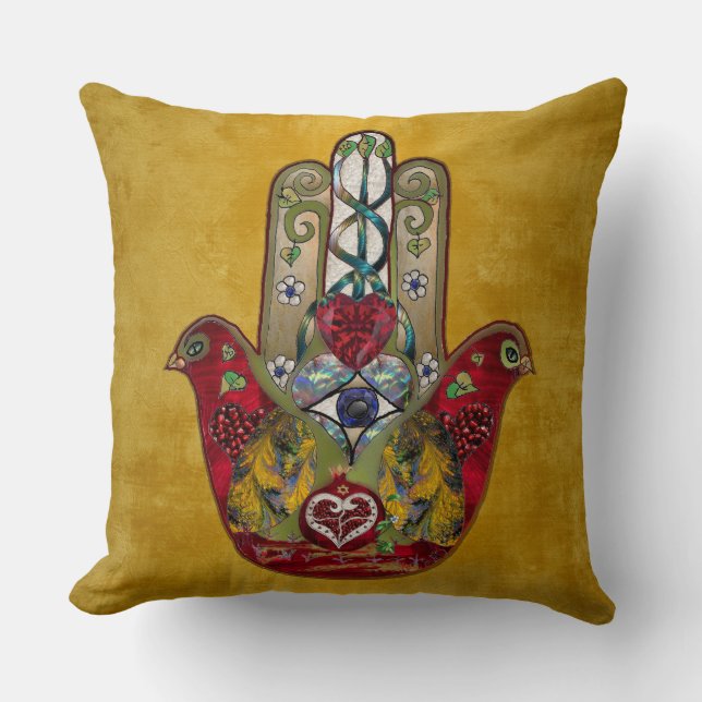 Ruby Pomegranate Heart Red Bird Hamsa Kissen (Vorderseite)