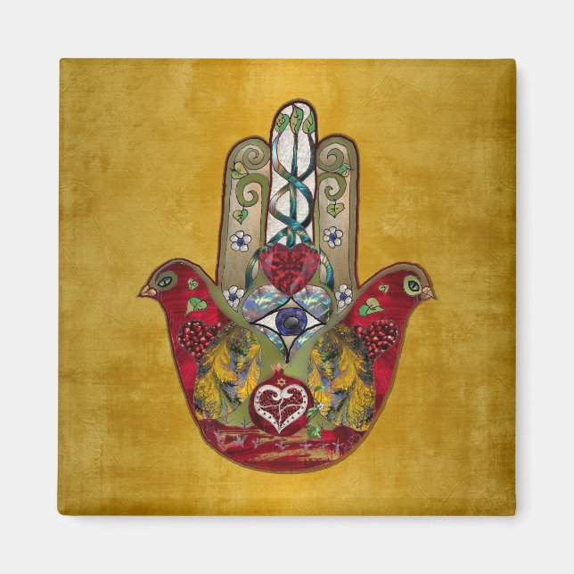 Ruby Pomegranate Heart Red Bird Hamsa Magnet (Vorne)