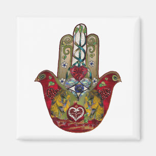 Ruby Pomegranate Heart Red Bird Hamsa Magnet