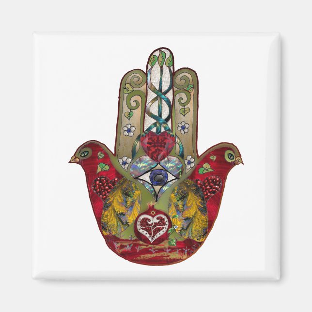 Ruby Pomegranate Heart Red Bird Hamsa Magnet (Vorne)
