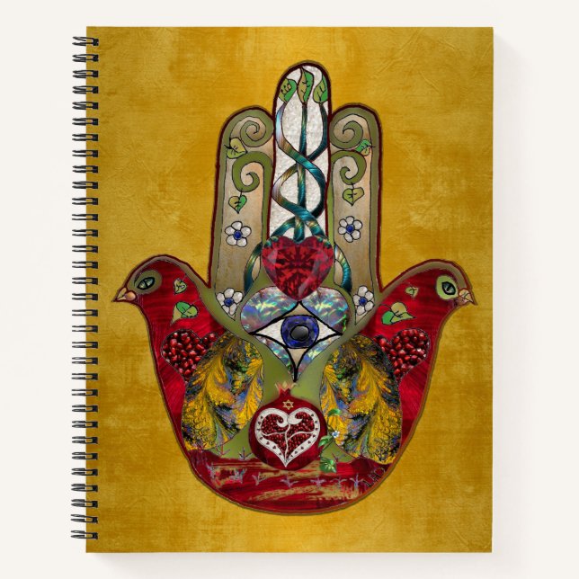 Ruby Pomegranate Heart Red Bird Hamsa Notizbuch (Vorderseite)