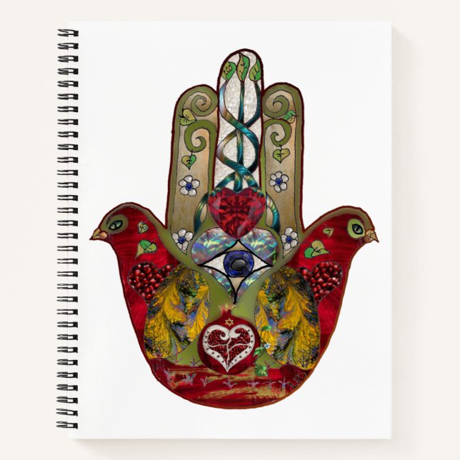 Ruby Pomegranate Heart Red Bird Hamsa Notizbuch (Vorderseite)