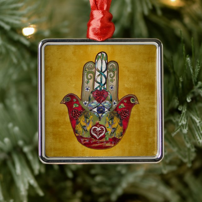 Ruby Pomegranate Heart Red Bird Hamsa Ornament Aus Metall (Baum)