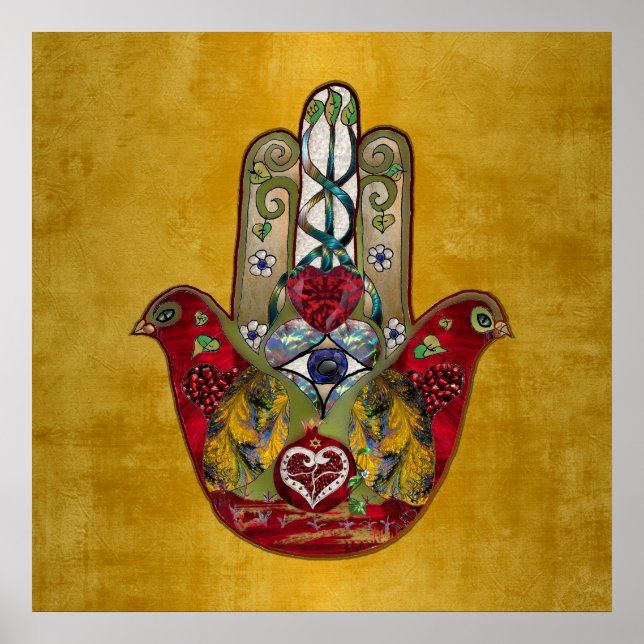 Ruby Pomegranate Heart Red Bird Hamsa Poster (Vorne)