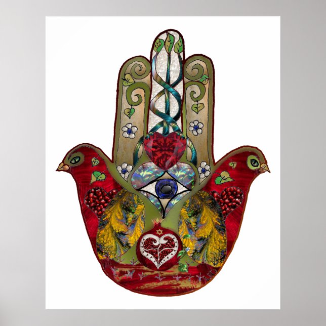 Ruby Pomegranate Heart Red Bird Hamsa Poster (Vorne)