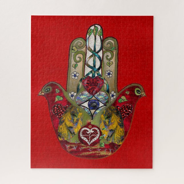 Ruby Pomegranate Heart Red Bird Hamsa Puzzle (Vertikal)