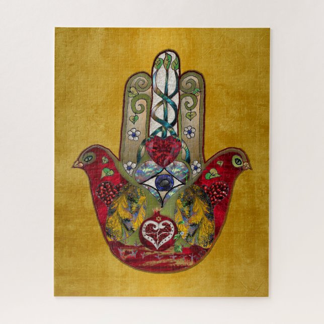 Ruby Pomegranate Heart Red Bird Hamsa Puzzle (Vertikal)