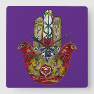 Ruby Pomegranate Heart Red Bird Hamsa Quadratische Wanduhr