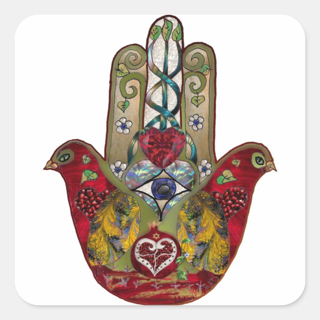 Ruby Pomegranate Heart Red Bird Hamsa Quadratischer Aufkleber (Vorderseite)