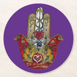 Ruby Pomegranate Heart Red Bird Hamsa Runder Pappuntersetzer