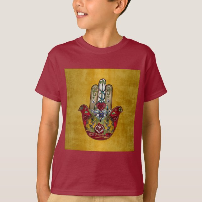 Ruby Pomegranate Heart Red Bird Hamsa T-Shirt (Vorderseite)