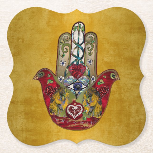 Ruby Pomegranate Heart Red Bird Hamsa Untersetzer (Vorderseite)