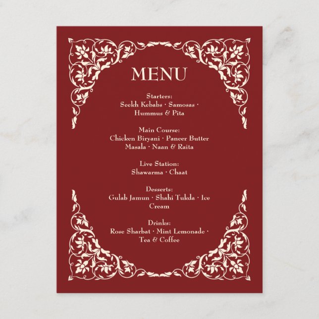 Ruby Radiance Deep Red and Cream Wedding Menu  Begleitkarte (Vorderseite)