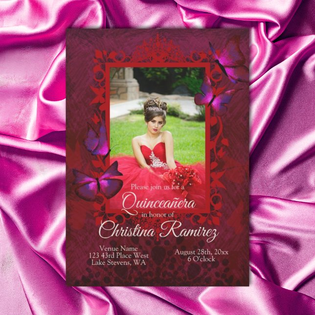 Ruby Red, Antique Butterfly Quinceanera Einladung (Fancy red and magenta pink quinceanera invitations)