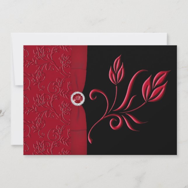 Ruby Red, Black Floral Wedding Einladung (Vorderseite)
