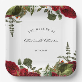 Ruby Red Botanical Peonies Wedding Pappteller