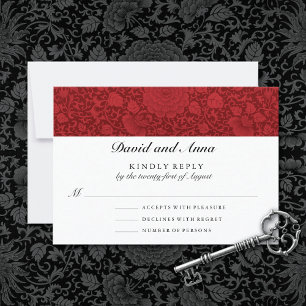 Ruby Red Floral Brocade Wedding RSVP Karte