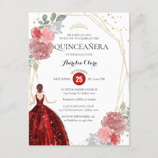 Ruby Red Floral Geometric Quinceañera Einladung Postkarte