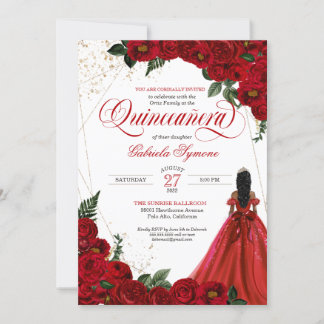 Ruby Red Floral Rose & Gold Elegante Quinceñera Einladung