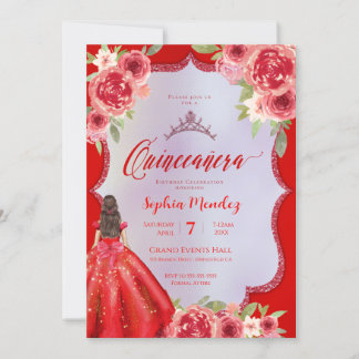 Ruby Red Floral Watercolor Quinceanera Einladung