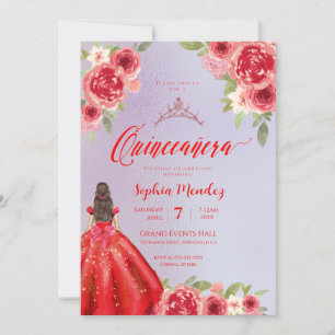 Ruby Red Floral Watercolor Quinceanera Einladung