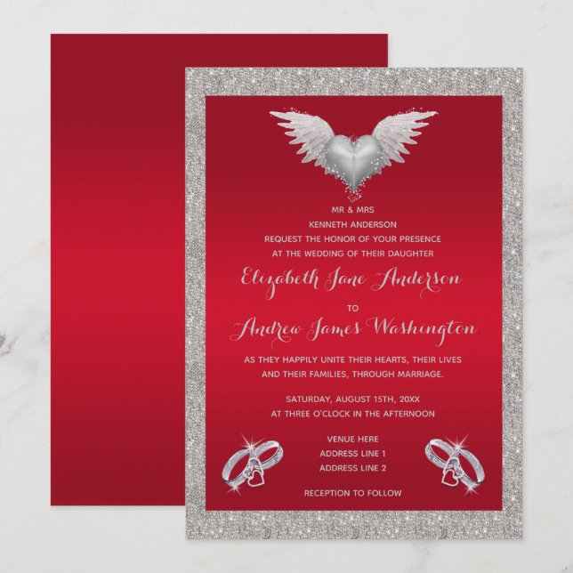 Ruby Red, Funkelnd Rings & Feather Heart Wedding Einladung (Vorne/Hinten)