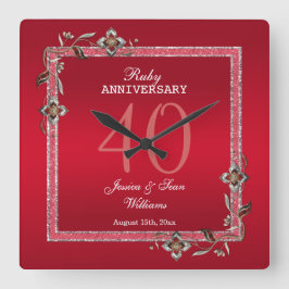 Ruby Red Gems & Glitzer Ruby 40TH Wedding Quadratische Wanduhr