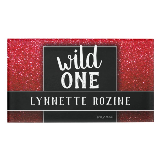 Ruby Red Glitzer Black and White Wild One Namenschild (Vorderseite)