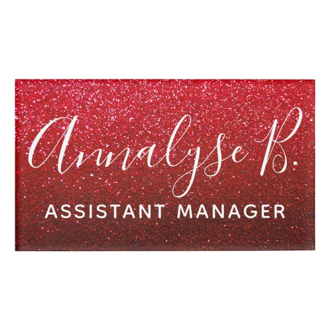 Ruby Red Glitzer Ombre Funkelnd Name Beruflich Namenschild (Vorderseite)