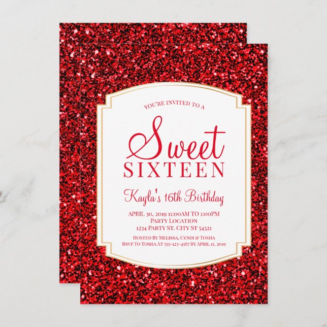Ruby Red Glitzer Sweet 16 Einladungen (Vorne/Hinten)