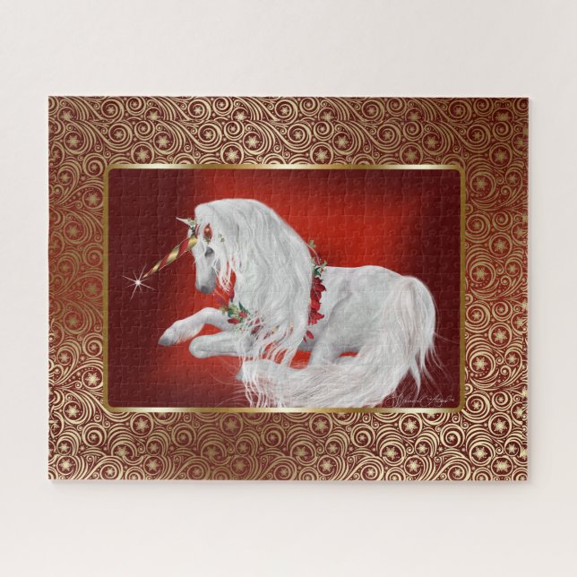 Ruby Red Gold Fantasy Holiday Unicorn Puzzle (Horizontal)
