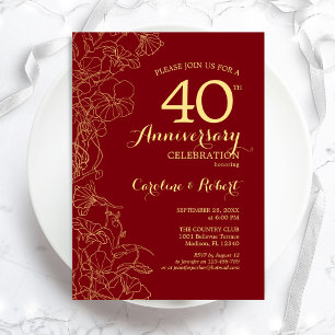 Ruby Red Gold Floral 40. Jubiläum Einladung
