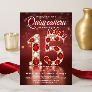 Ruby Red Gold Gemstone Princess Crown Quinceañera Einladung