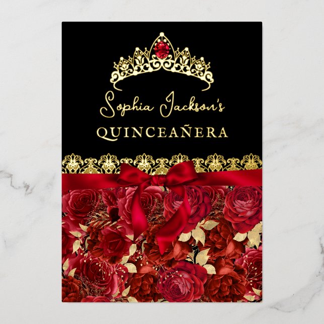 Ruby Red Gold Rose Quinceanera Folieneinladung (Vorderseite)