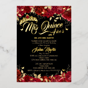 Ruby Red Gold Schwarz Rose Mis Quince Quinceanera Folieneinladung