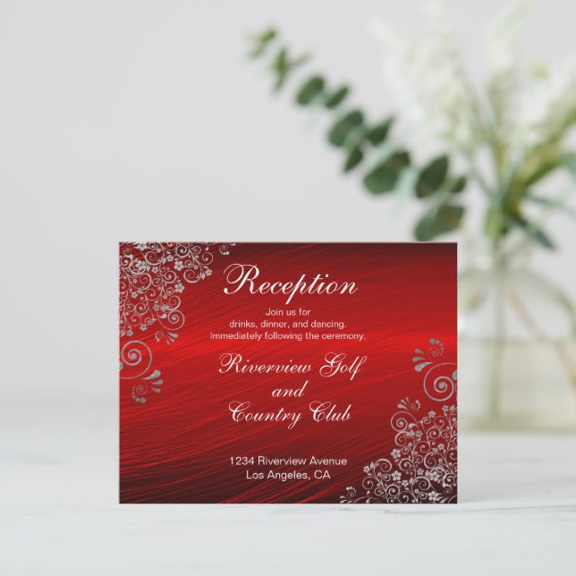 Ruby Red Gray Wirbel Hochzeitsempfang Einladung (Stehend Vorderseite)