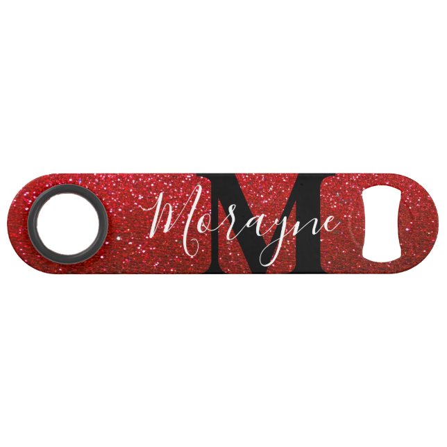 Ruby Red Imitats Glitzer Schwarz-weiß Monogram Nam Speed Flaschenöffner (Rückseite Horizontal)