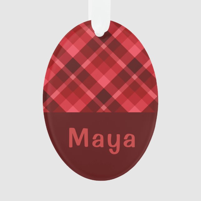 Ruby Red Kariert Monogram Oval Acrylic Ornament (Vorderseite)