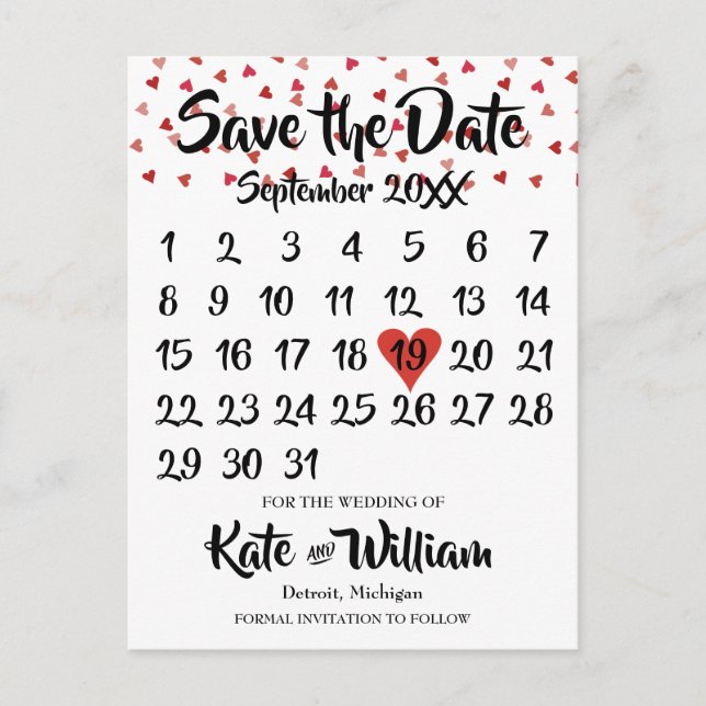Ruby Red Liebe Herzkalender Save the Date Ankündigungspostkarte (Vorderseite)