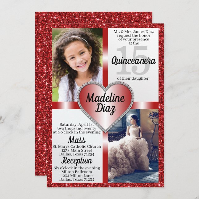 Ruby Red Quinceañera Einladung 15 Cumpleaños (Vorne/Hinten)