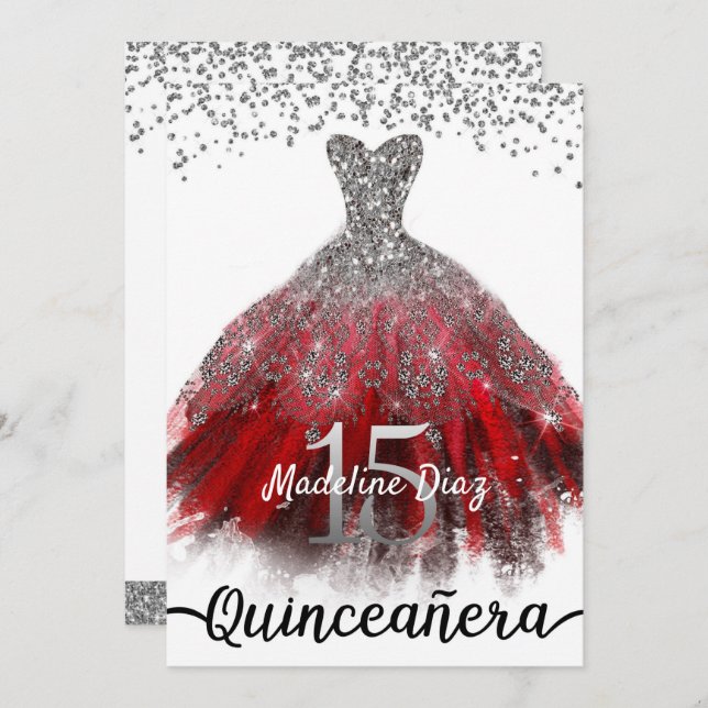 Ruby Red Quinceñera Kleid Geburtstag Einladung (Vorne/Hinten)