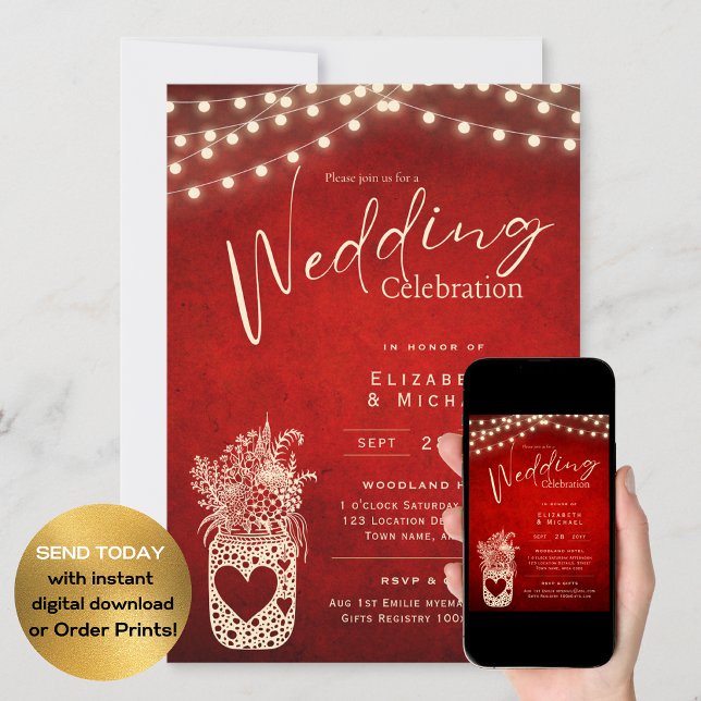 Ruby Red Rustic Mason Jar Wedding DIGITAL Print Einladung (Von Creator hochgeladen)