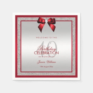 Ruby Red & Silver Glitzer 40. Geburtstag Serviette