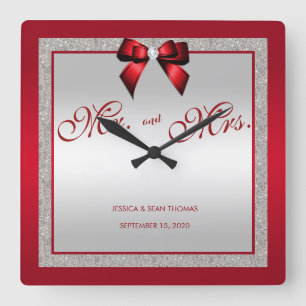 Ruby Red & Silver Glitzer Hochzeit Quadratische Wanduhr