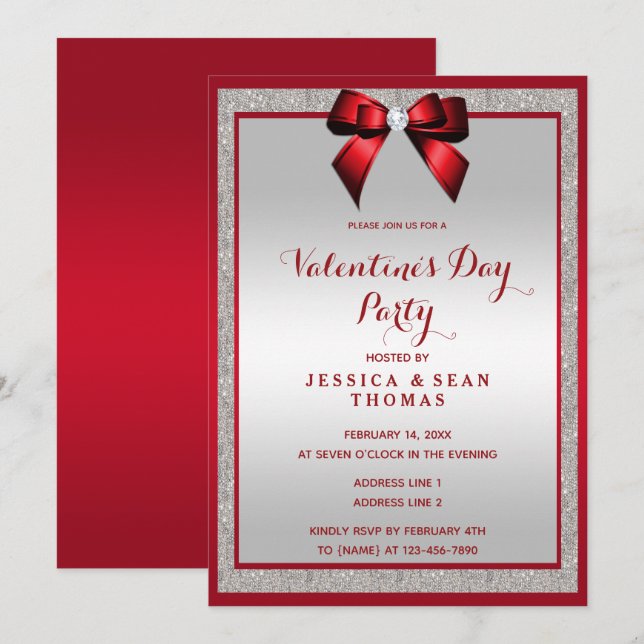 Ruby Red & Silver Glitzer Valentinstag Einladung (Vorne/Hinten)