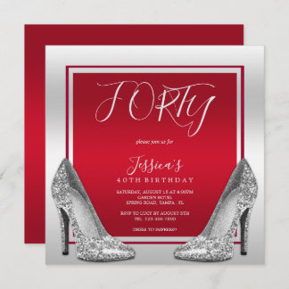 Ruby Red & Silver Stilettos 40. Geburtstag Einladung