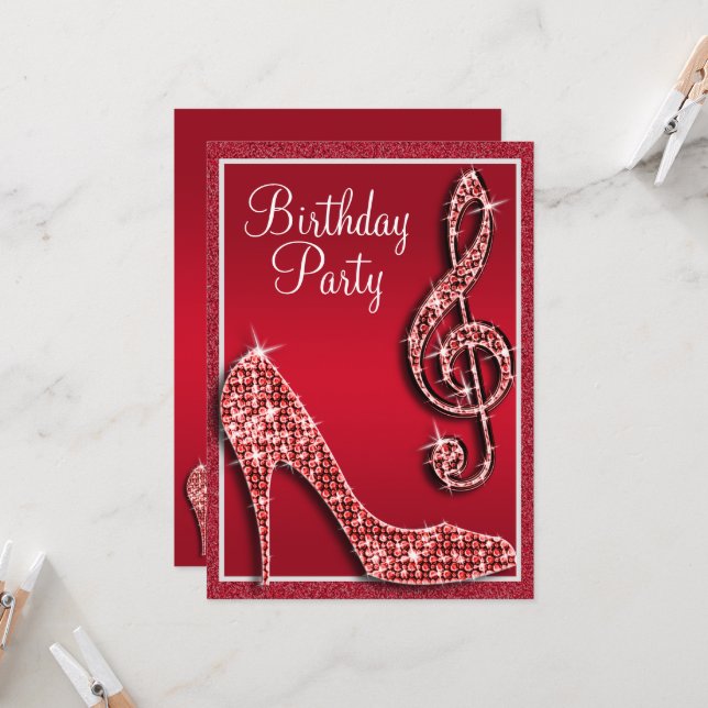 Ruby Red Stiletto & Treble Clef Birthday Einladung (Vorderseite/Rückseite Beispiel)