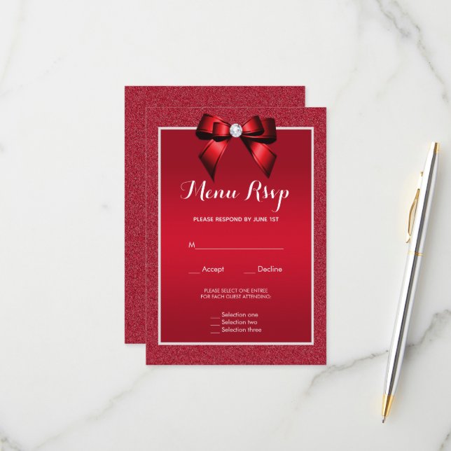 Ruby Red & Stylish Gem Wedding Menu UAWG RSVP Karte (Vorderseite/Rückseite Beispiel)