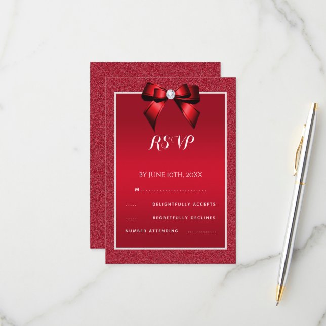 Ruby Red & Stylish Gem Wedding RSVP Karte (Vorderseite/Rückseite Beispiel)