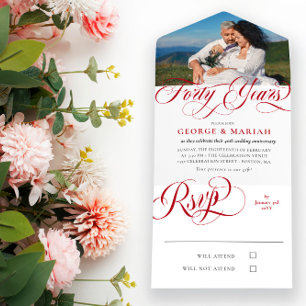 Ruby Red Swirls Foto 40. Hochzeitstag All In One Einladung
